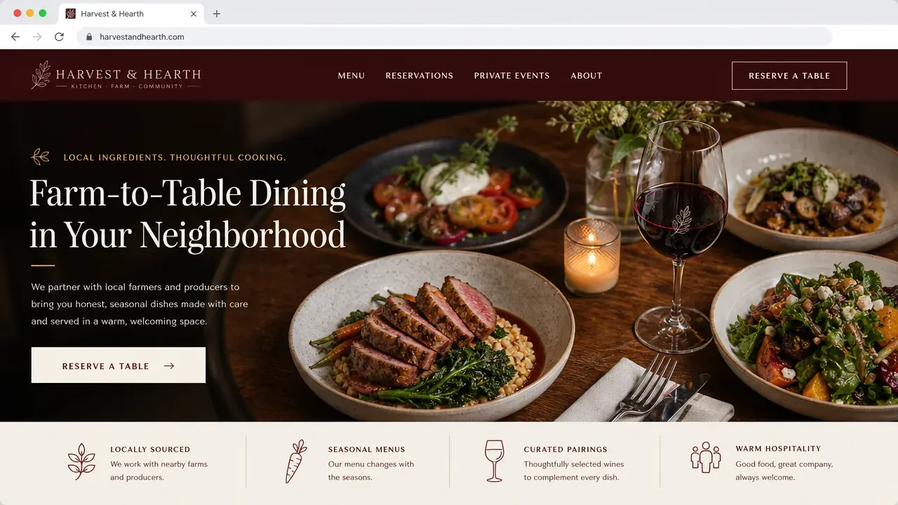 Example website preview for a farm-to-table restaurant