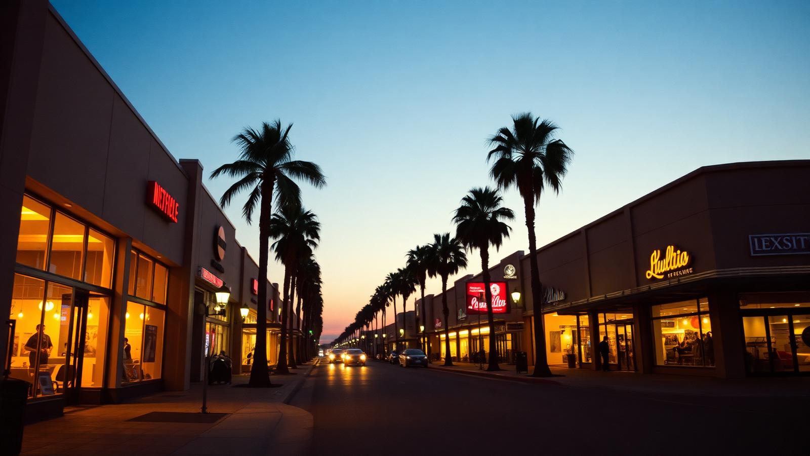 Los Angeles brick-and-mortar storefronts lit up at dusk — the local businesses Hero Digital Marketing Agency helps grow